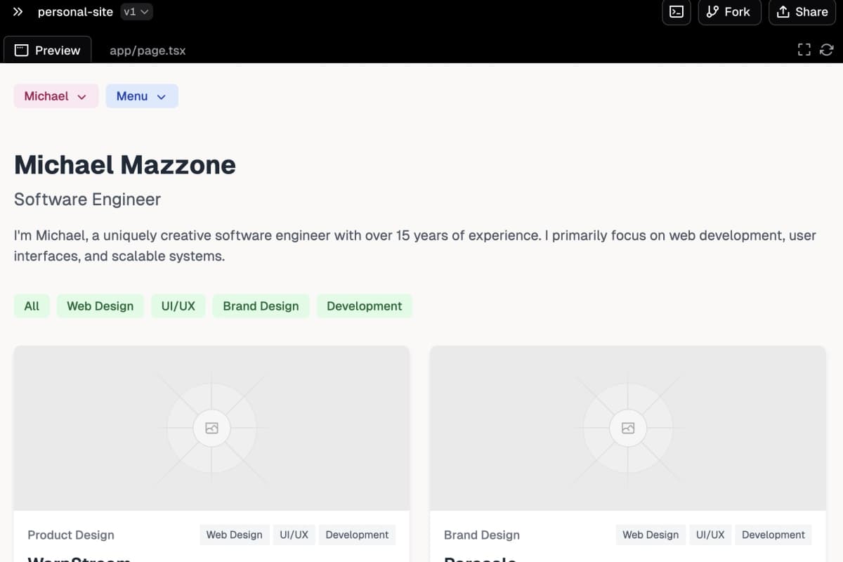 Excalidraw wireframe of a portfolio website.